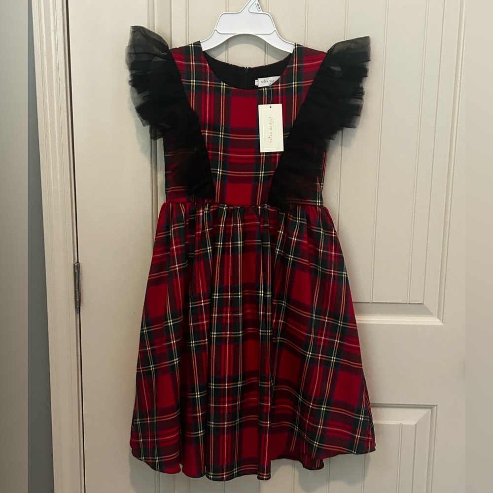 Charming Red Plaid Kids Dress with Black Ruffle